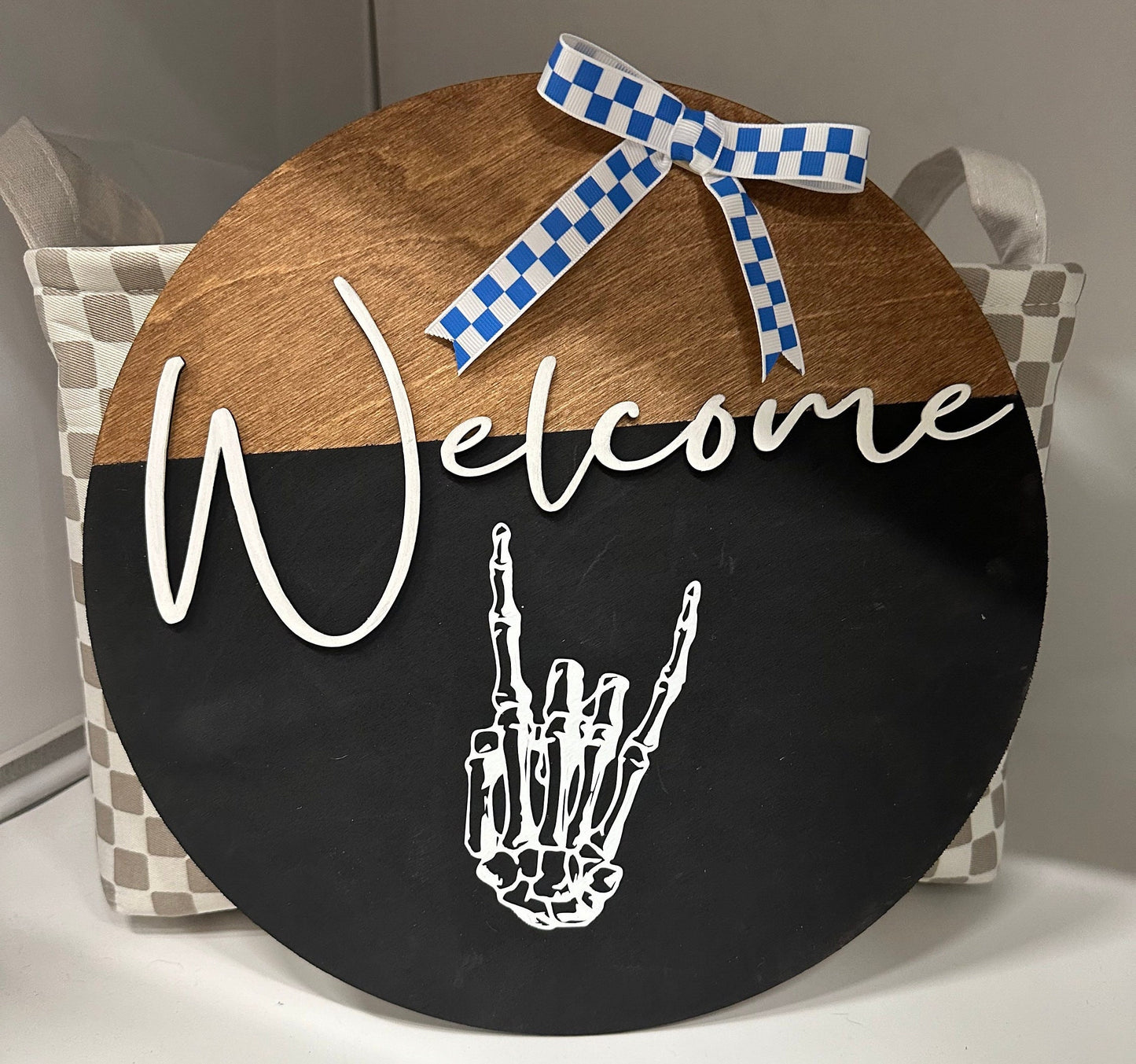Handmade Skeleton Welcome Sign: Baltic Birch Halloween Door Hanger