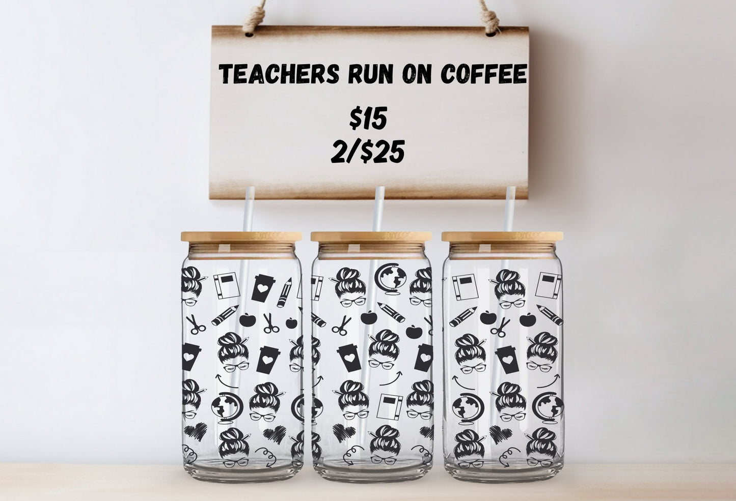 Personalized Teacher Glass Tumbler with Bamboo Lid & Straw