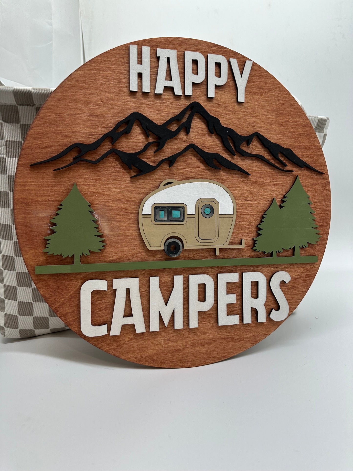 Happy Camper Sign: Baltic Birch Wood Door Hanger (12")