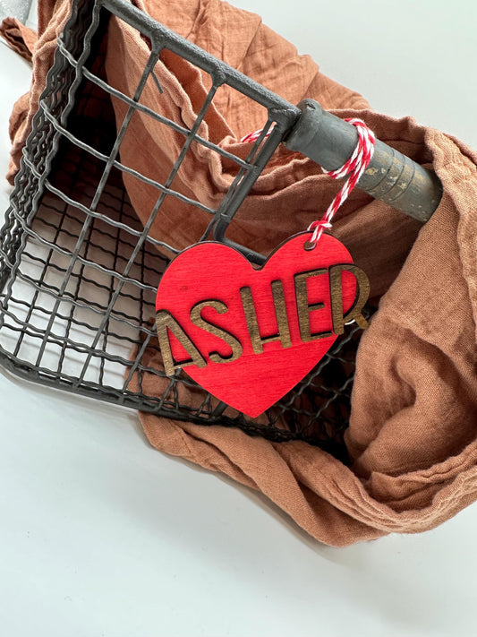 Personalized Valentine's Day Basket Tag: Wooden Heart Name Label