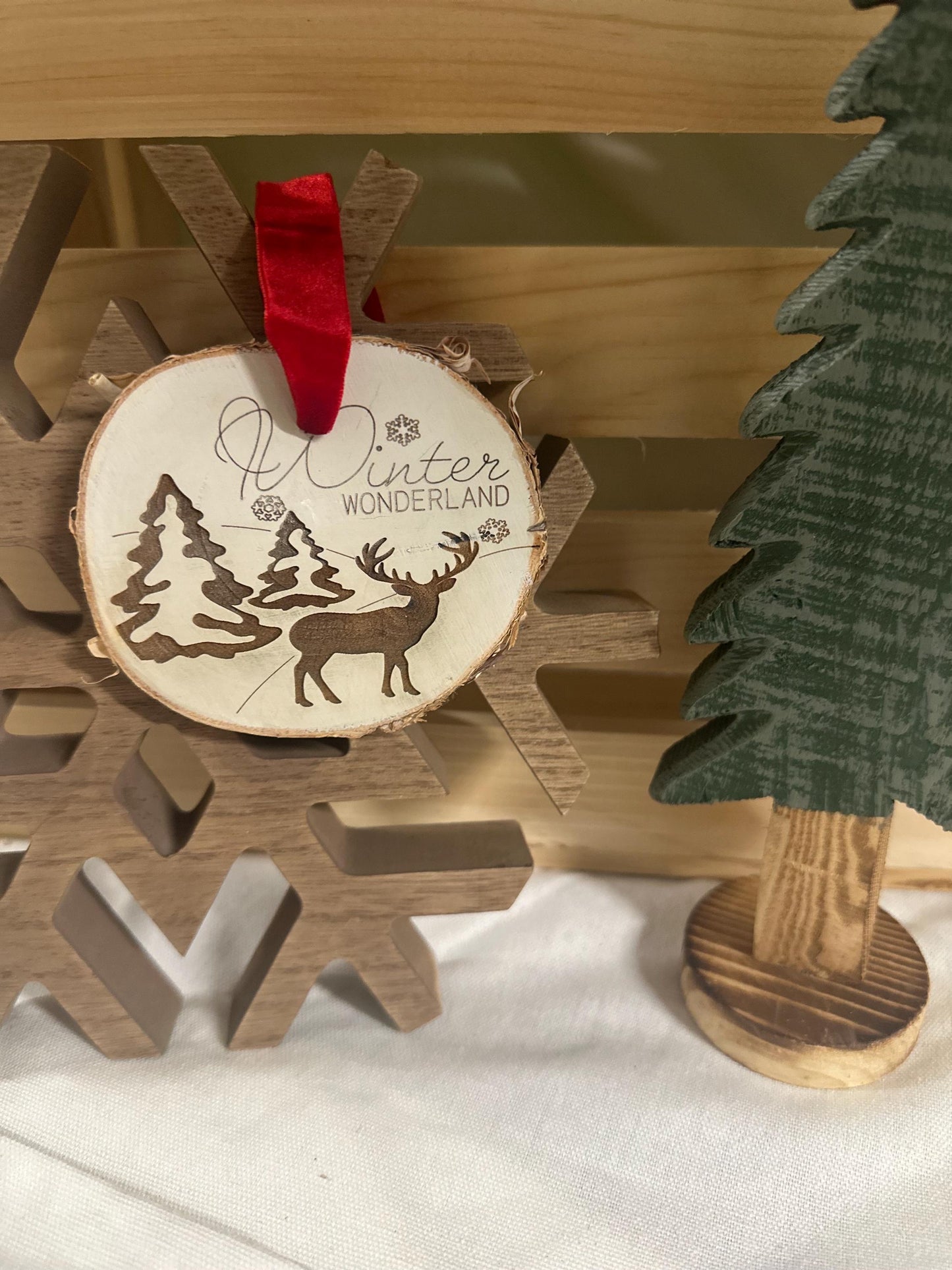 Rustic Wood Slice Ornament | Deer Trees Ornament | Cabin Christmas Decor | Winter Wonderland Woodlands