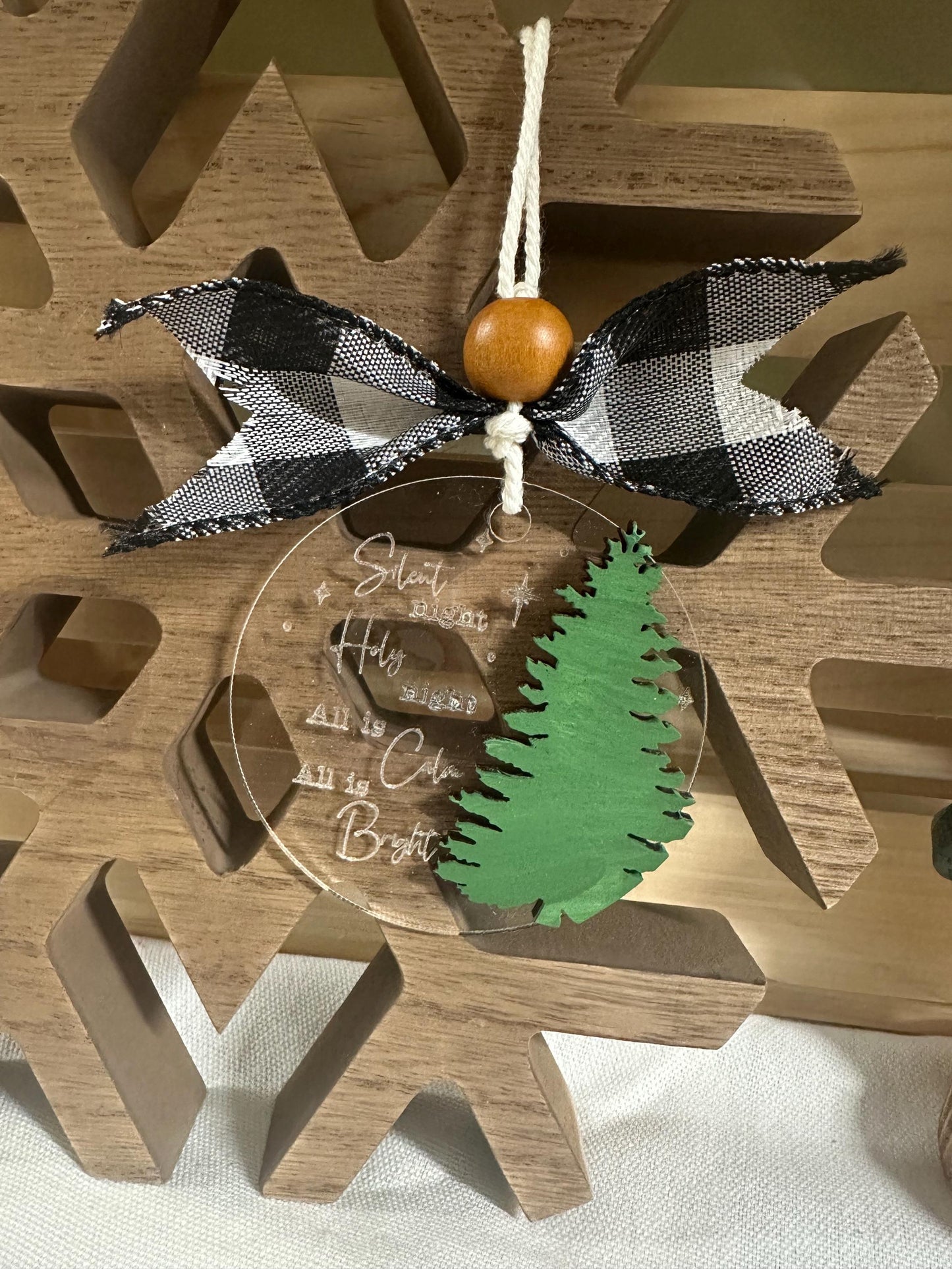 Silent Night Acrylic Christmas Ornament | Buffalo Plaid Bow, Wood Tree