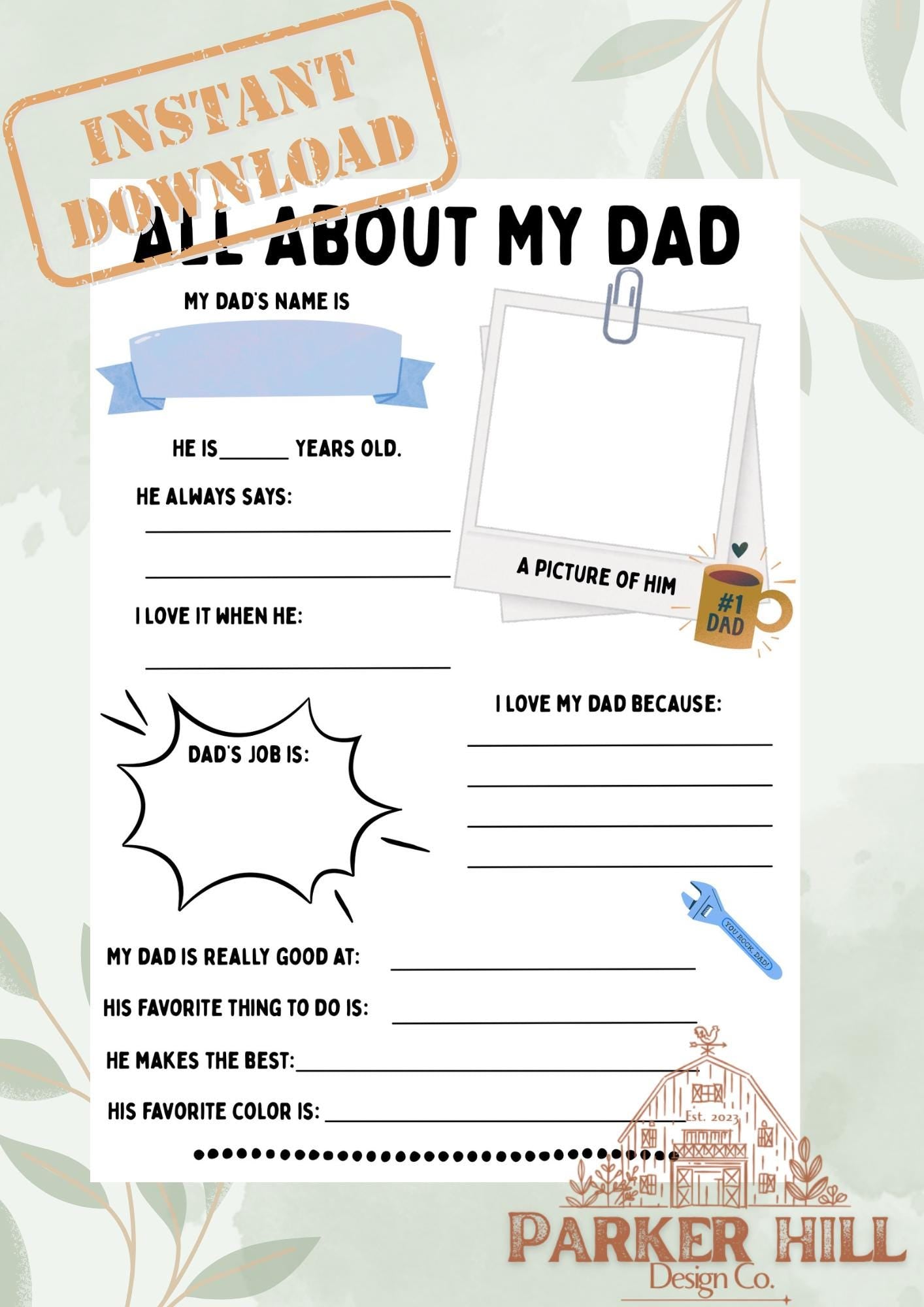 Father's Day Worksheet & Coloring Page: All About My Dad (Digital Download, PDF 8.5x11in