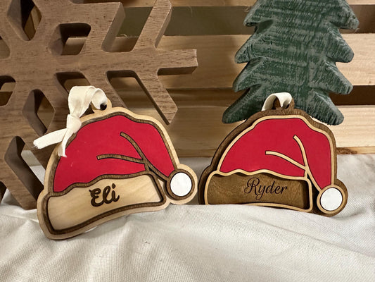 Personalized Wooden Santa Hat Ornament | Custom Engraved Name Tag