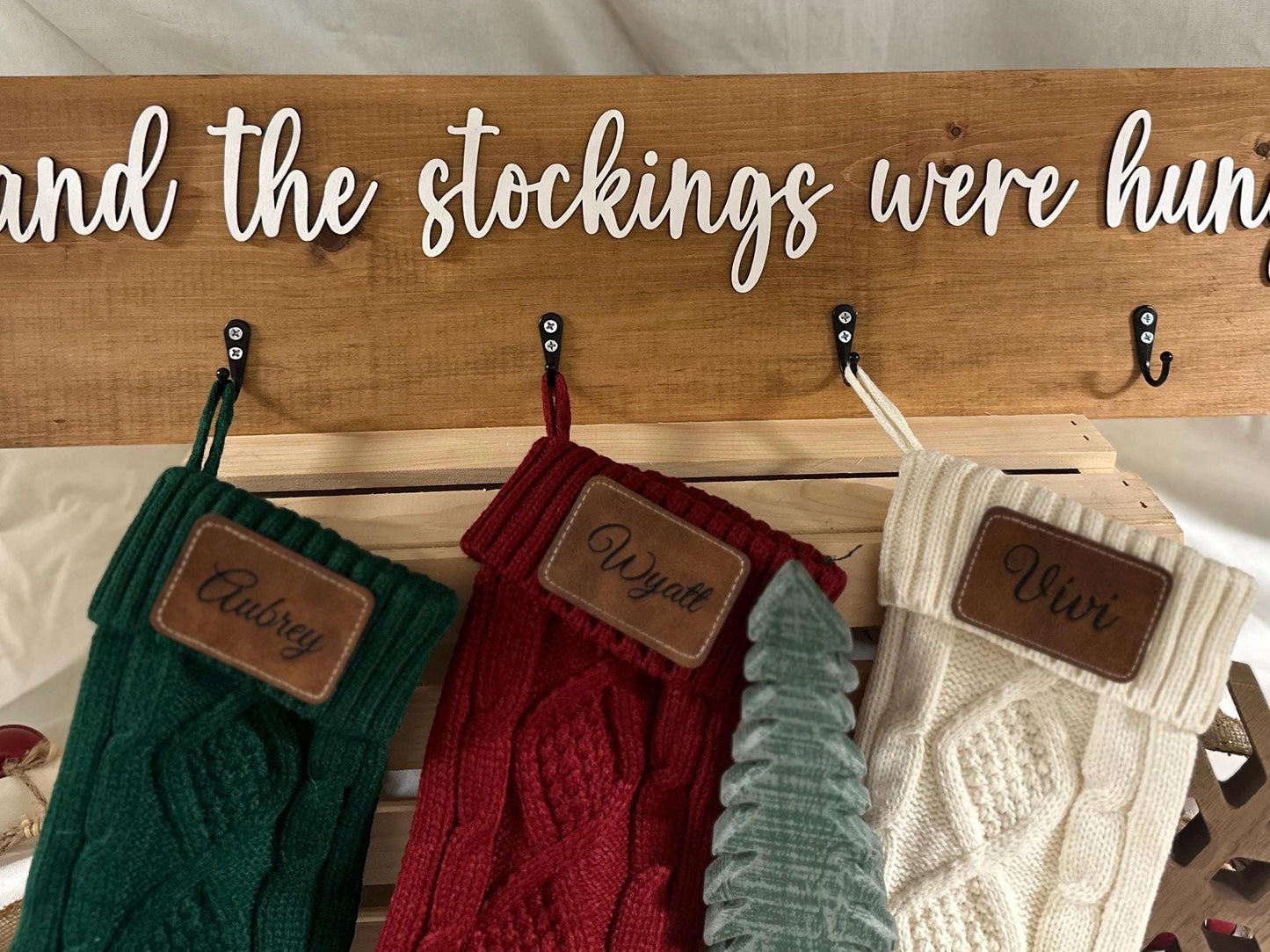 Personalized Knit Christmas Stocking • Engraved Faux Leather Name Patch