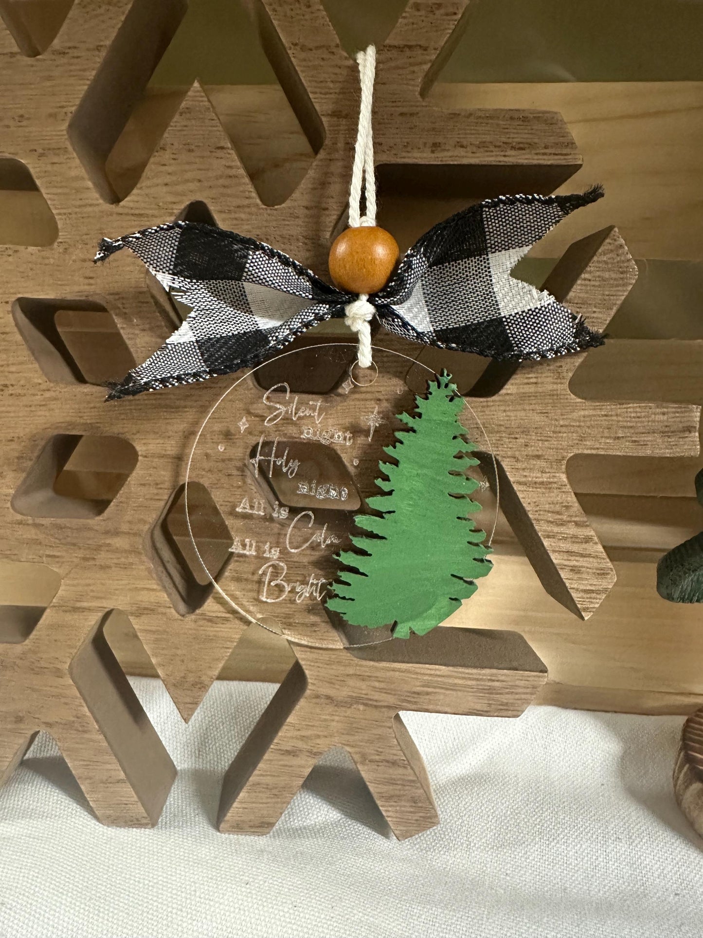 Silent Night Acrylic Christmas Ornament | Buffalo Plaid Bow, Wood Tree