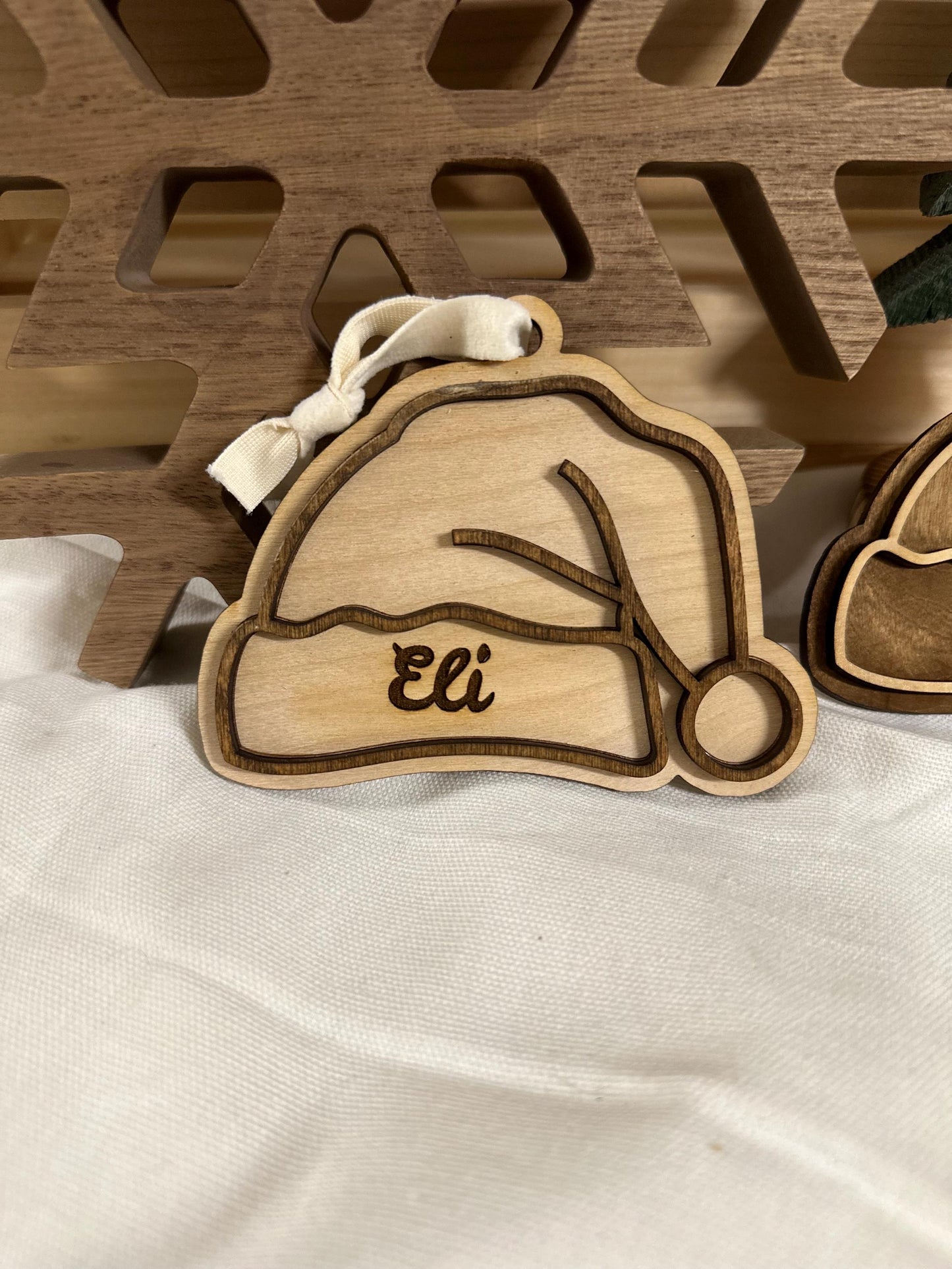 Personalized Wooden Santa Hat Ornament | Custom Engraved Name Tag
