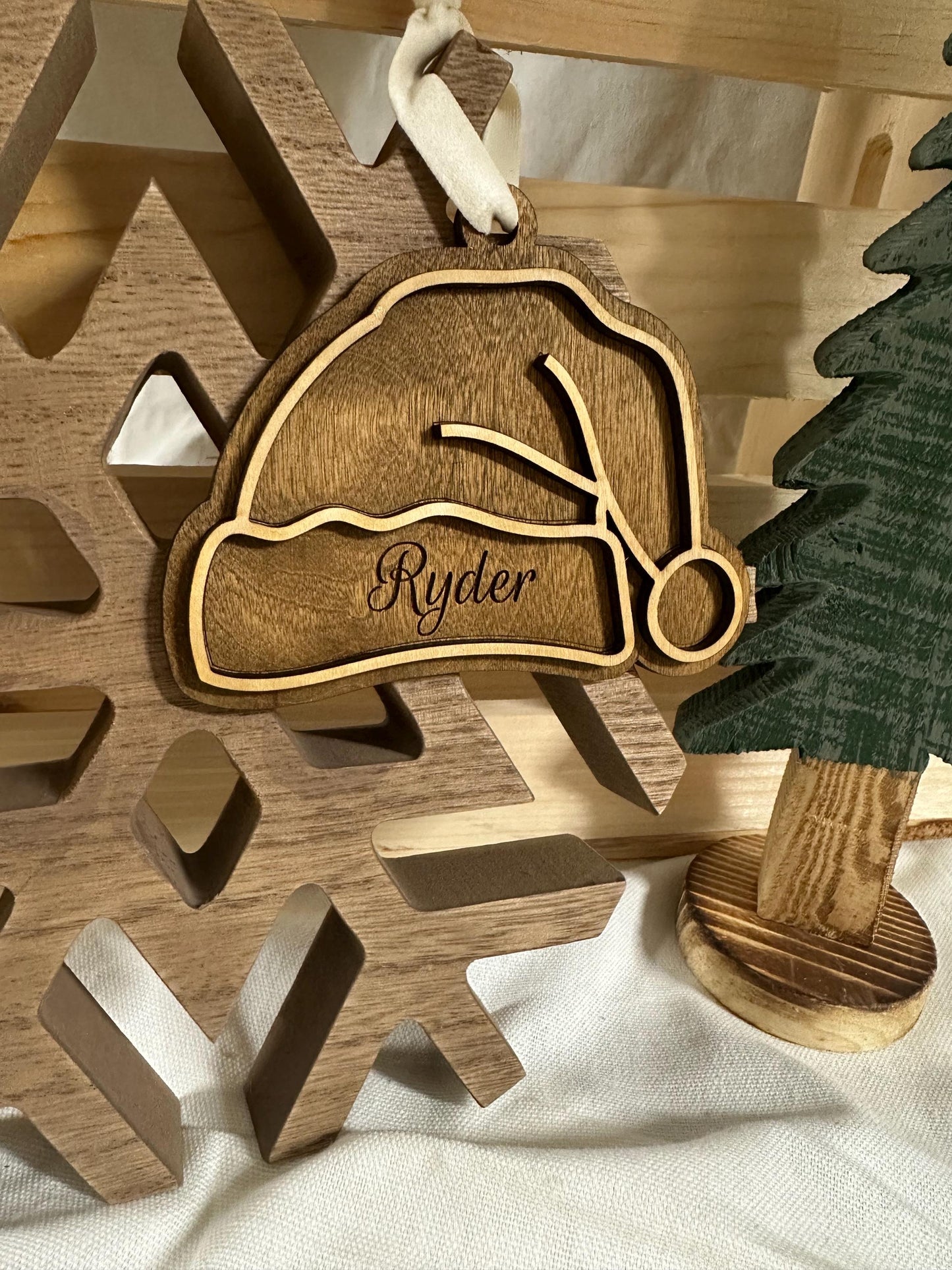 Personalized Wooden Santa Hat Ornament | Custom Engraved Name Tag
