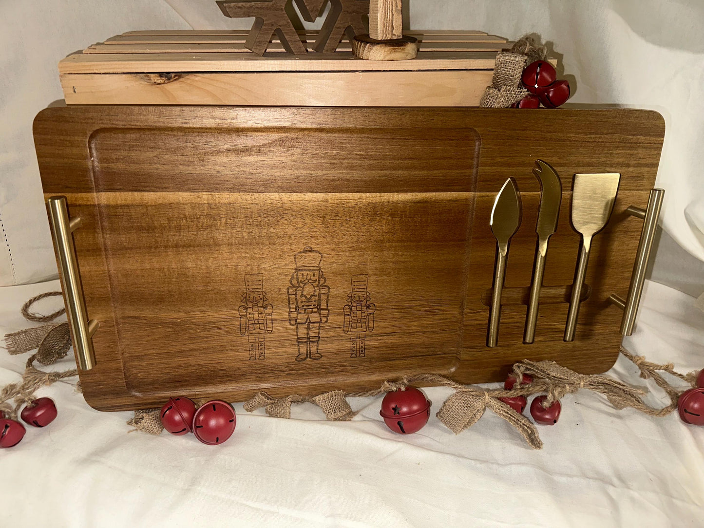 Nutcracker Engraved Charcuterie Board with Gold Cheese Knives | Christmas Entertaining Gift Set | Laser Engraved Acacia Board | Holiday Host