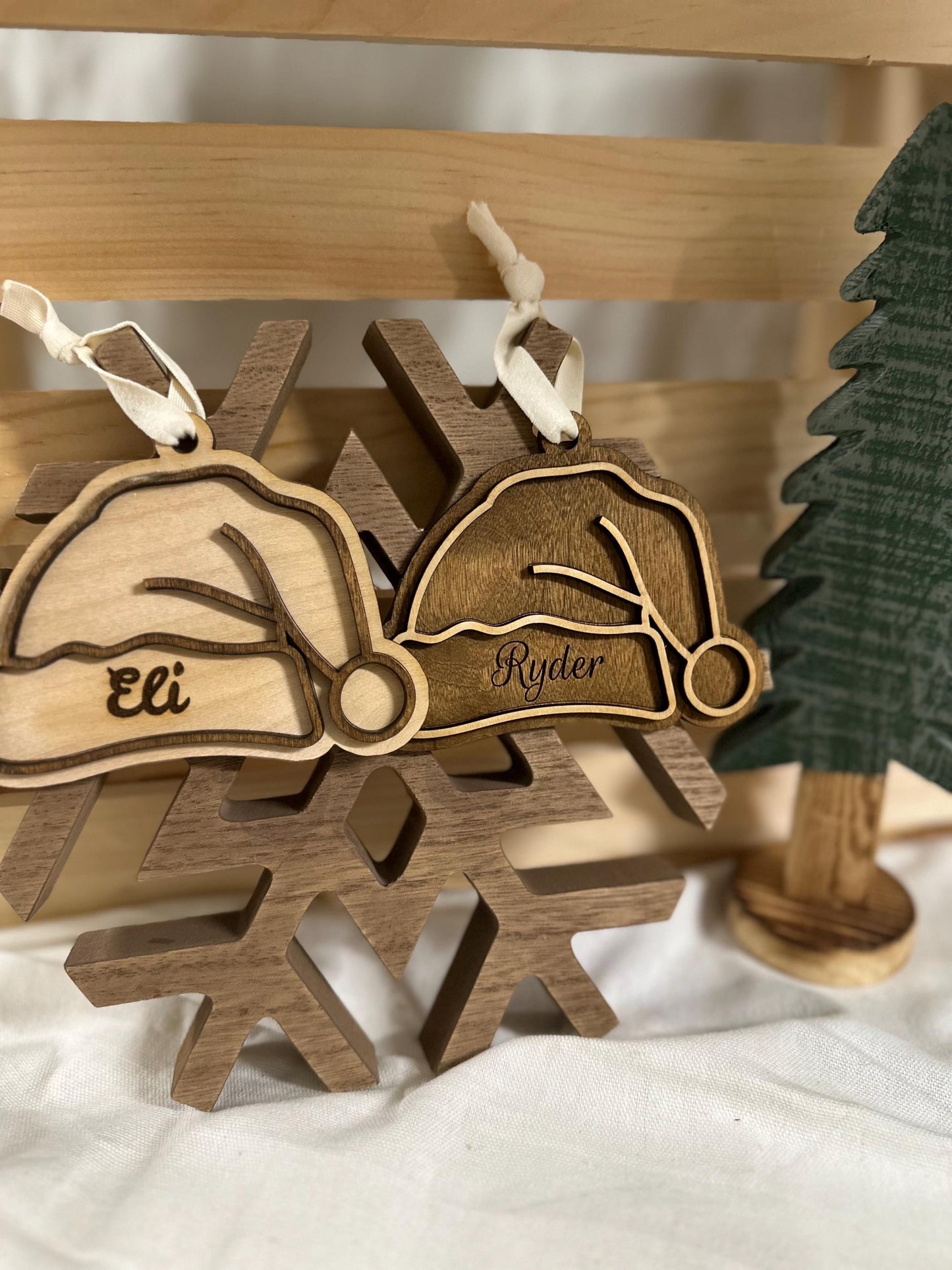 Personalized Wooden Santa Hat Ornament | Custom Engraved Name Tag
