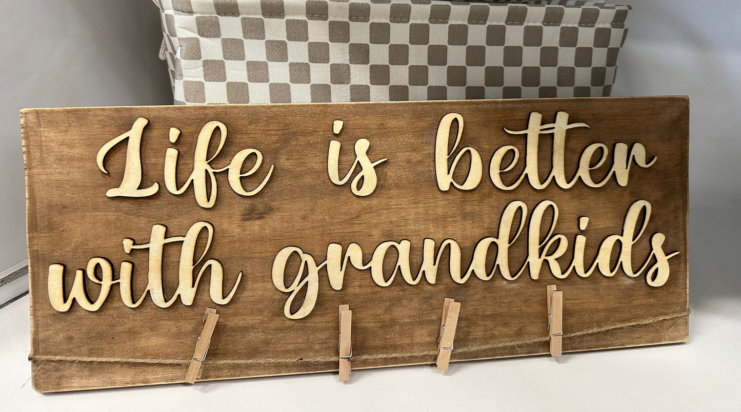 Personalized Grandkids Photo Display: Wooden Brag Board with Clips