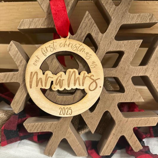 Our First Christmas as Mr & Mrs Ornament 2025 • Newlywed Gift • Personalized Wedding Ornament • Engraved Wooden Christmas Ornament