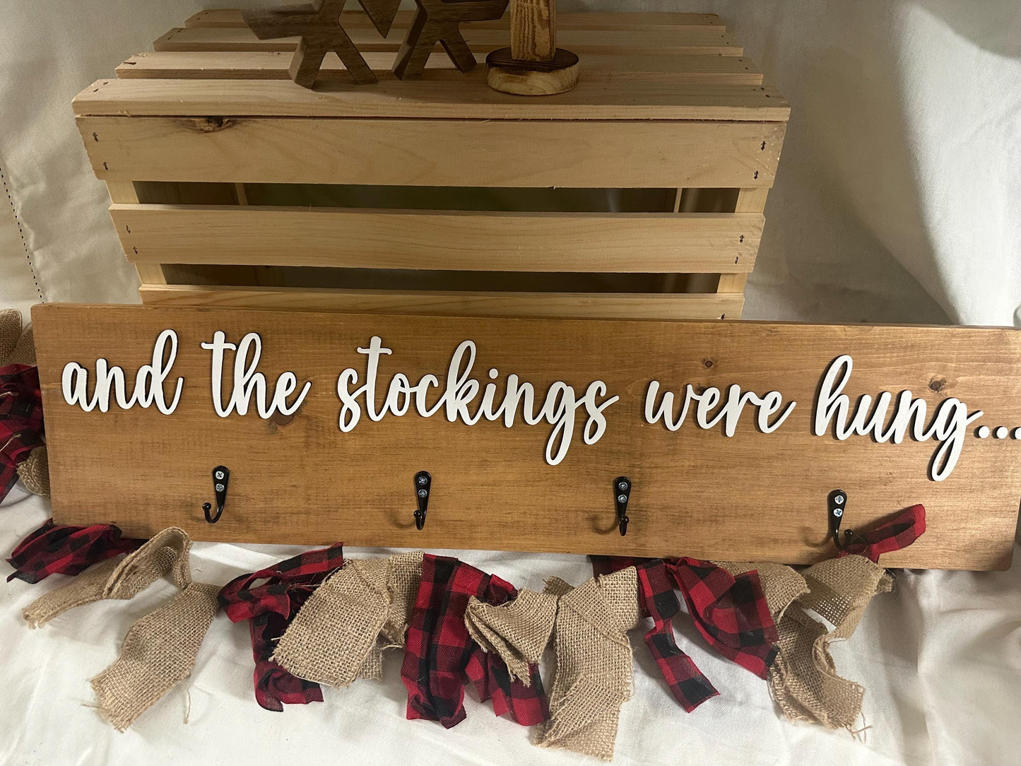 Rustic Christmas Stocking Holder | “And the stockings were hung” Wooden Sign | Farmhouse Holiday Mantel Decor | Laser Cut Hook Stocking Hold