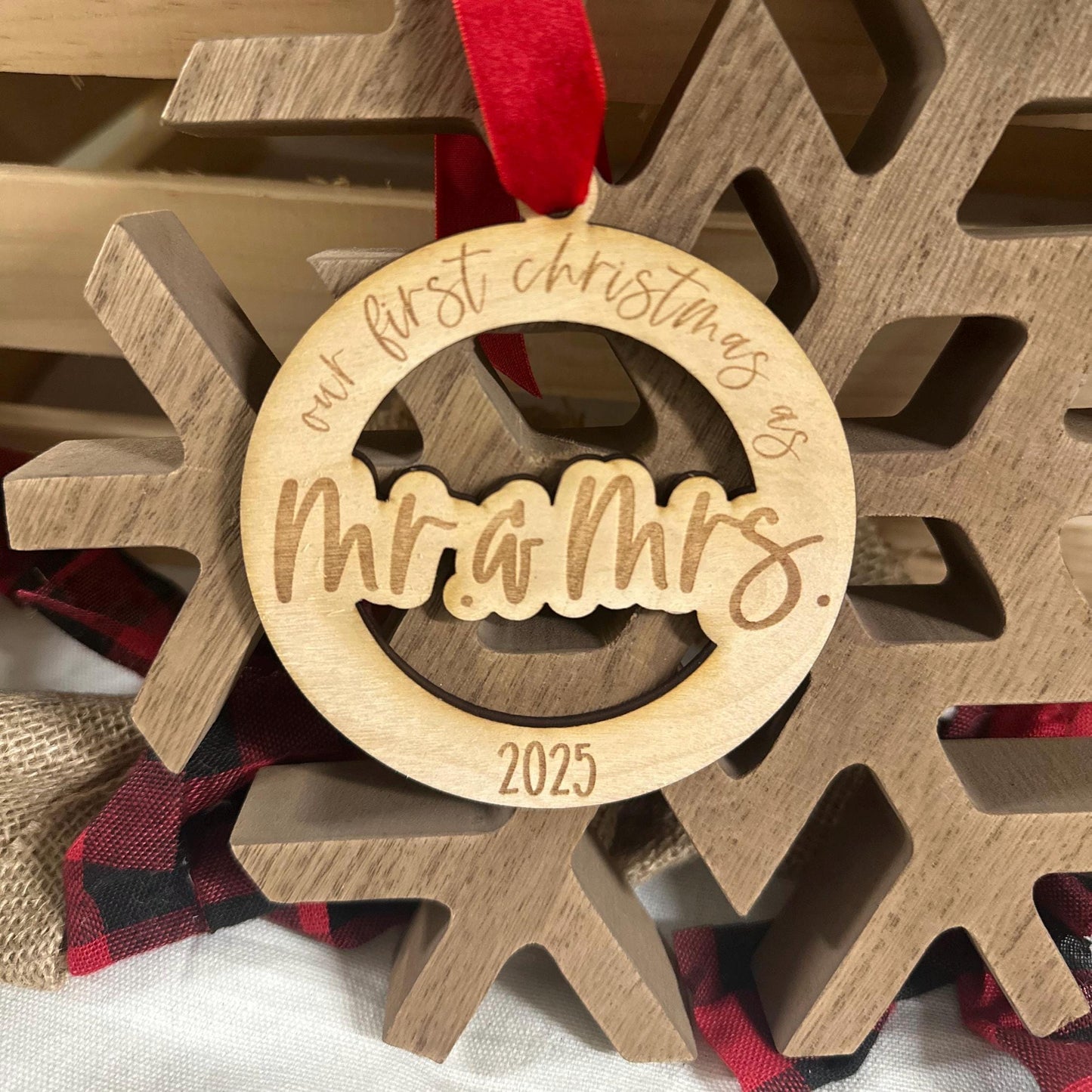 Our First Christmas as Mr & Mrs Ornament 2025 • Newlywed Gift • Personalized Wedding Ornament • Engraved Wooden Christmas Ornament
