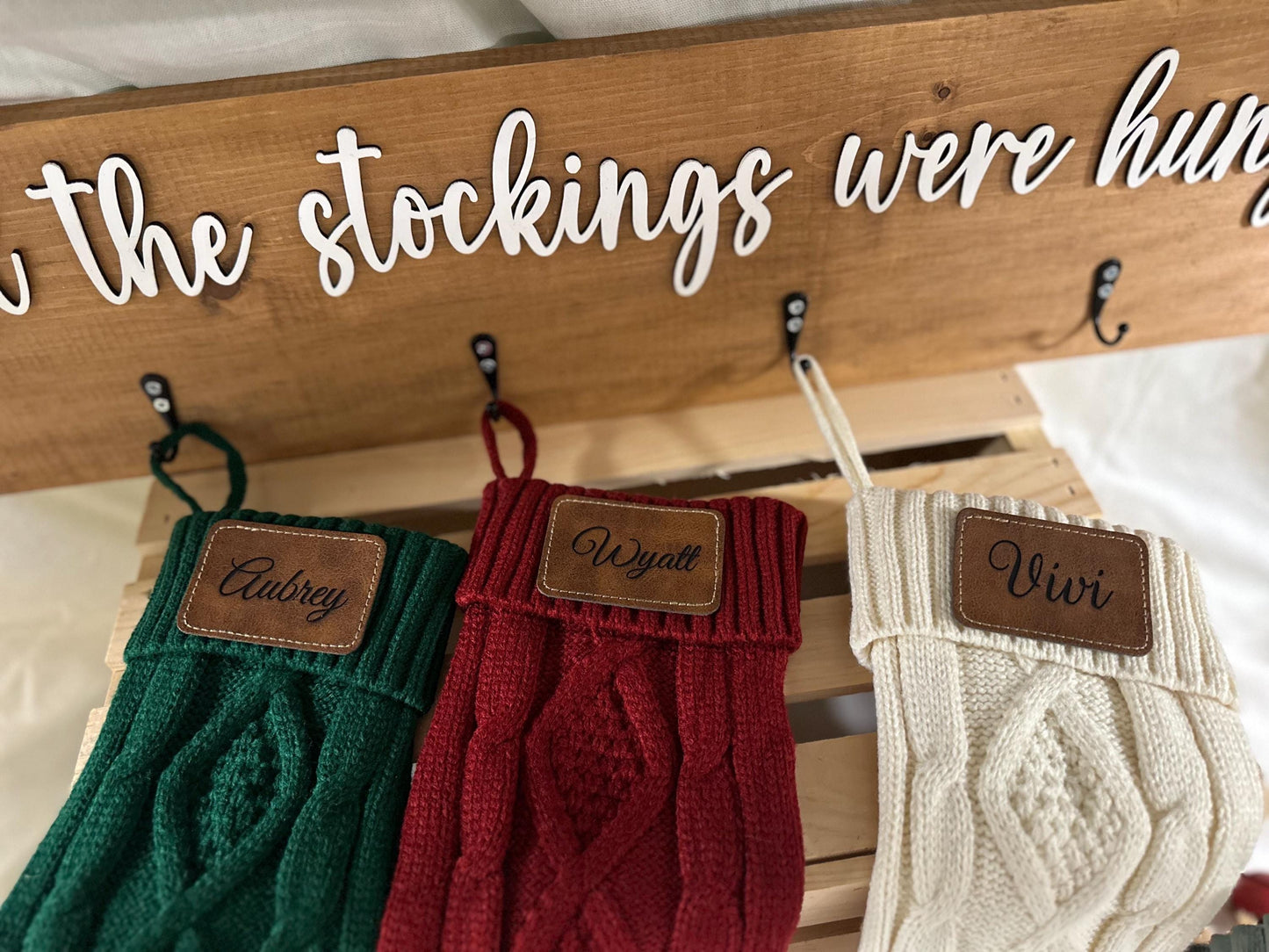 Rustic Christmas Stocking Holder | “And the stockings were hung” Wooden Sign | Farmhouse Holiday Mantel Decor | Laser Cut Hook Stocking Hold