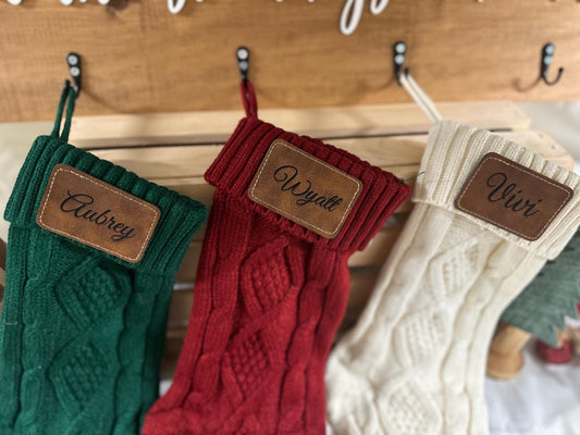 Personalized Knit Christmas Stocking • Engraved Faux Leather Name Patch