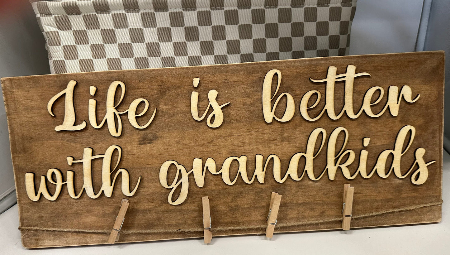 Personalized Grandkids Photo Display: Wooden Brag Board with Clips