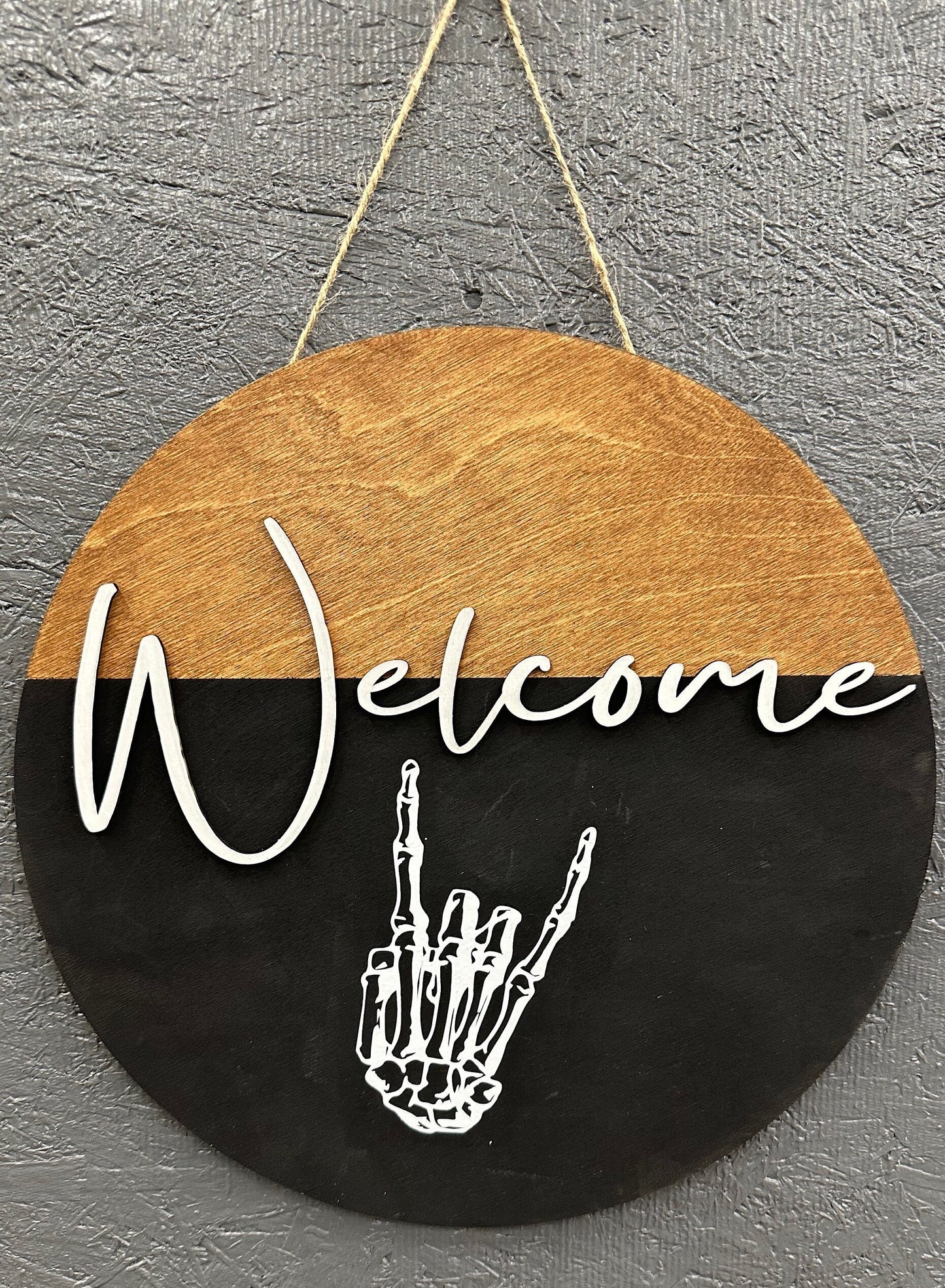 Handmade Skeleton Welcome Sign: Baltic Birch Halloween Door Hanger