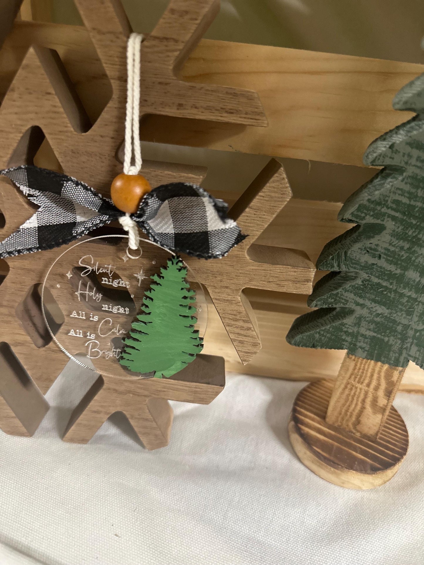 Silent Night Acrylic Christmas Ornament | Buffalo Plaid Bow, Wood Tree