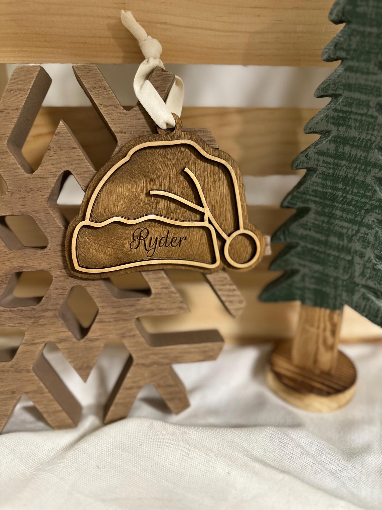 Personalized Wooden Santa Hat Ornament | Custom Engraved Name Tag