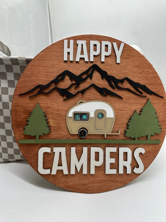 Happy Camper Sign: Baltic Birch Wood Door Hanger (12")