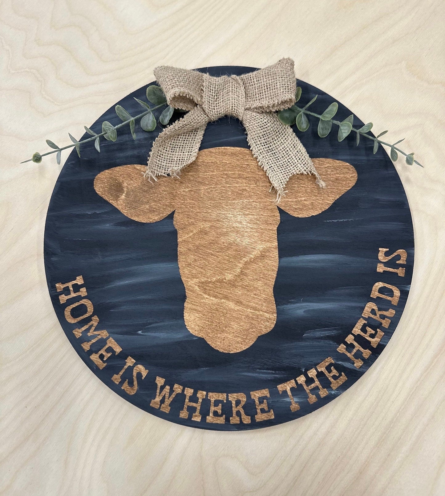 Farmhouse Cow Door Hanger: Rustic Baltic Birch Wood Sign