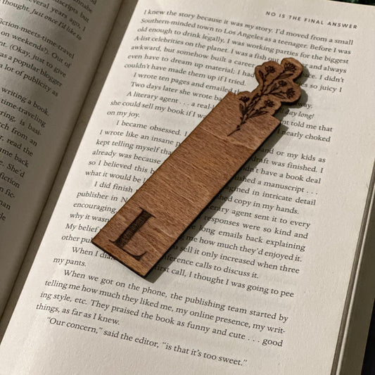 Engraved Baltic Birch Wood Bookmark: Personalized Floral Initial