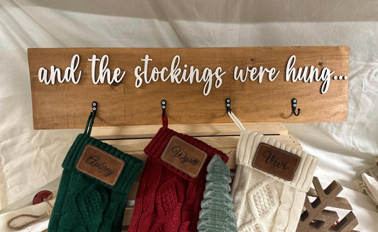 Rustic Christmas Stocking Holder | “And the stockings were hung” Wooden Sign | Farmhouse Holiday Mantel Decor | Laser Cut Hook Stocking Hold