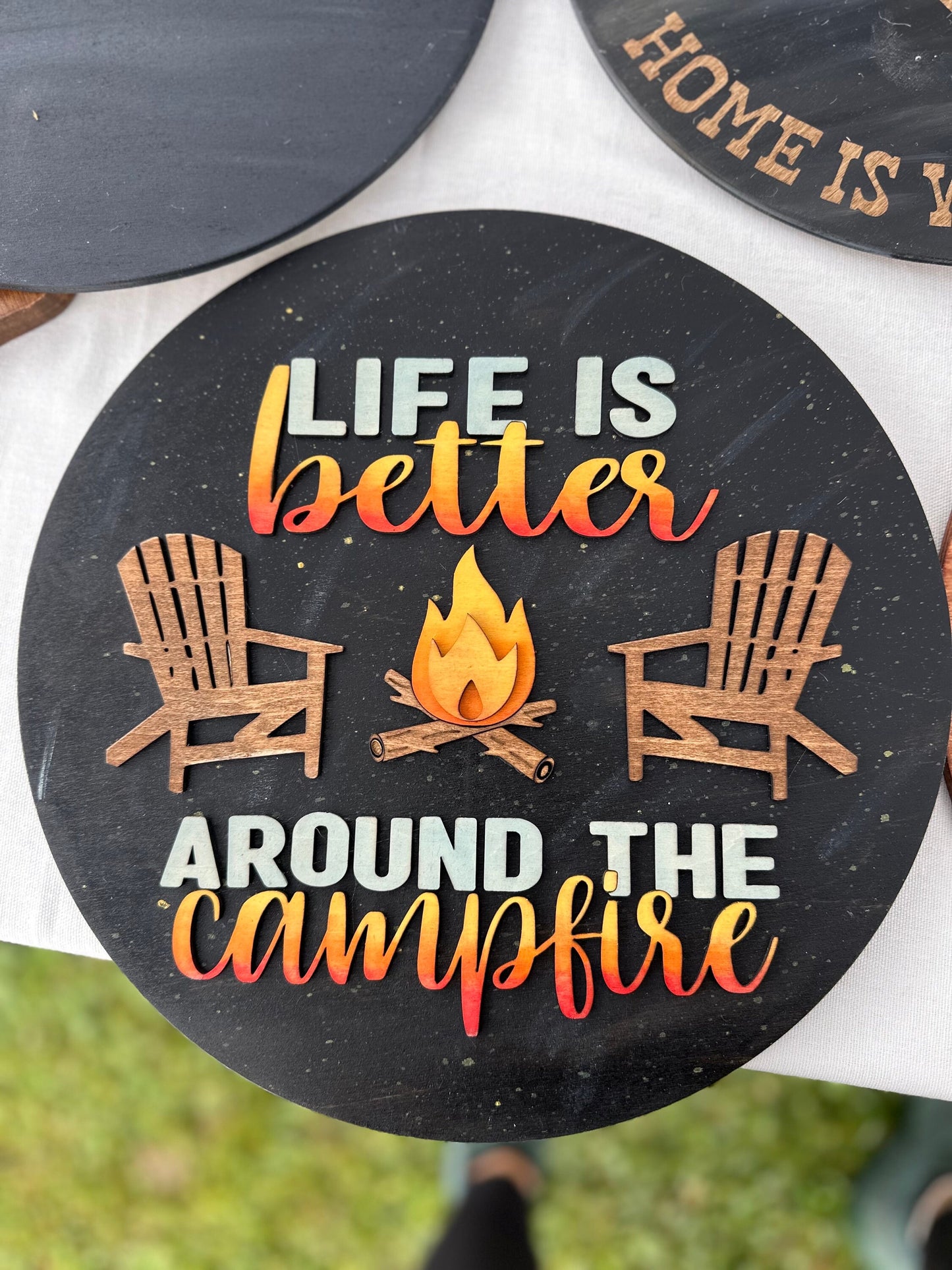 Campfire Sign: Baltic Birch Wood Door Hanger, Camping Decor