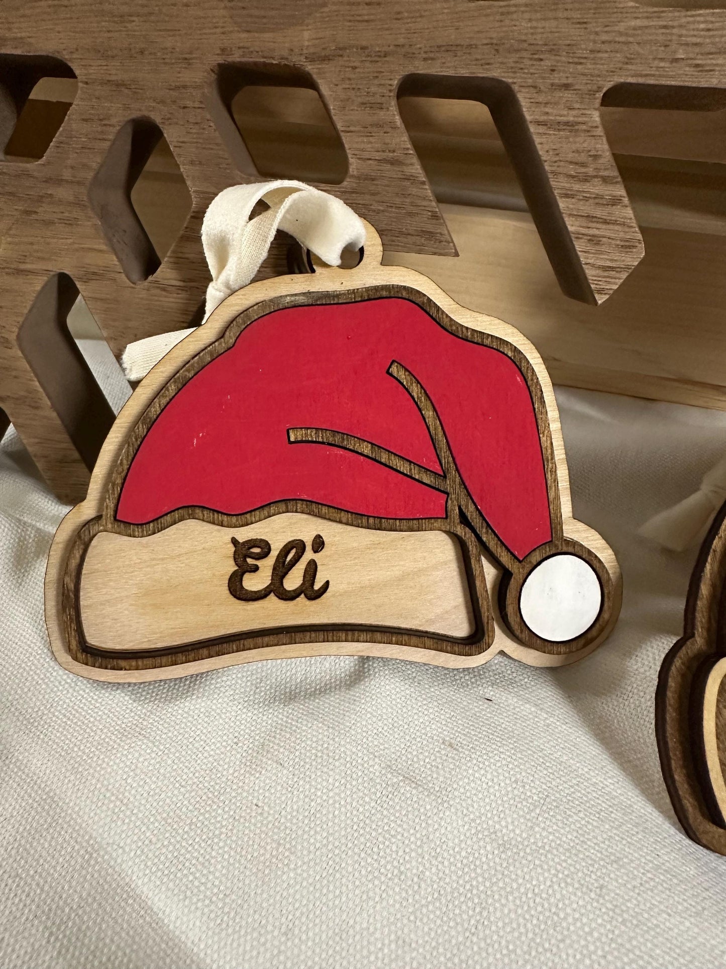 Personalized Wooden Santa Hat Ornament | Custom Engraved Name Tag