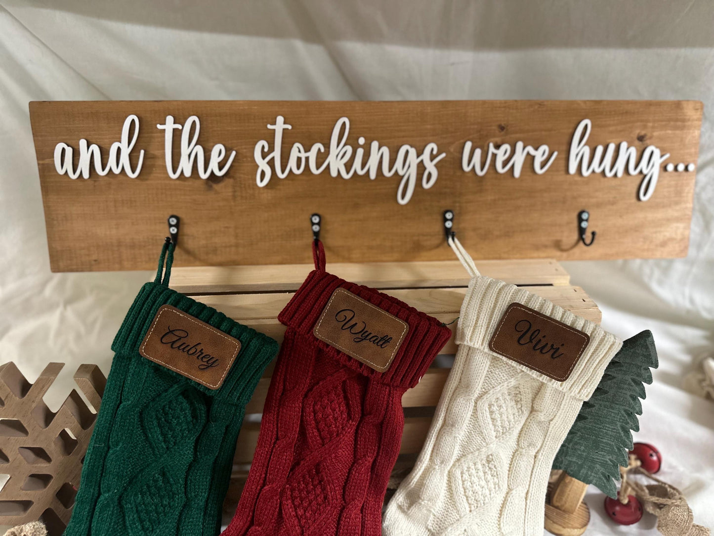 Rustic Christmas Stocking Holder | “And the stockings were hung” Wooden Sign | Farmhouse Holiday Mantel Decor | Laser Cut Hook Stocking Hold