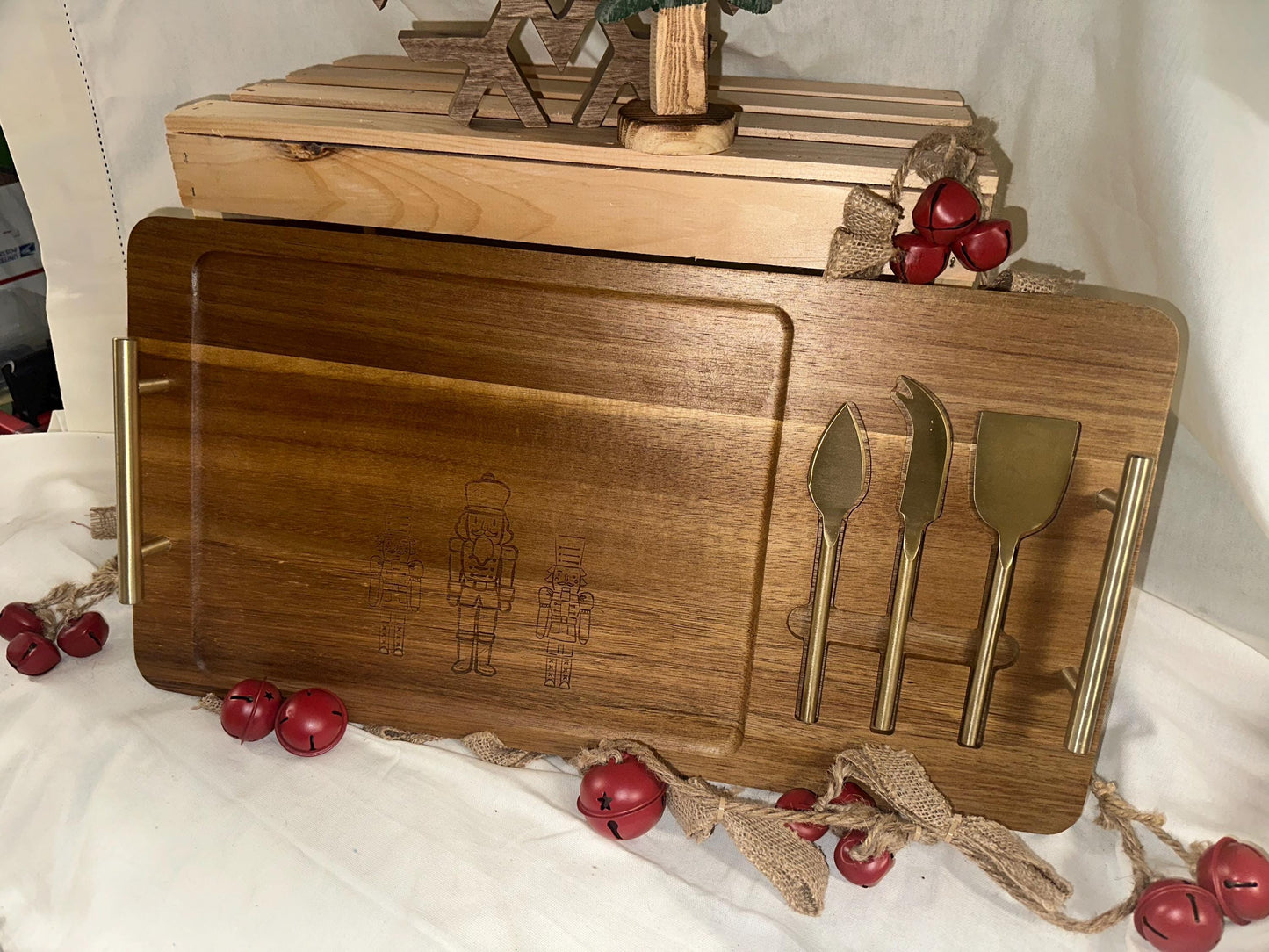 Nutcracker Engraved Charcuterie Board with Gold Cheese Knives | Christmas Entertaining Gift Set | Laser Engraved Acacia Board | Holiday Host