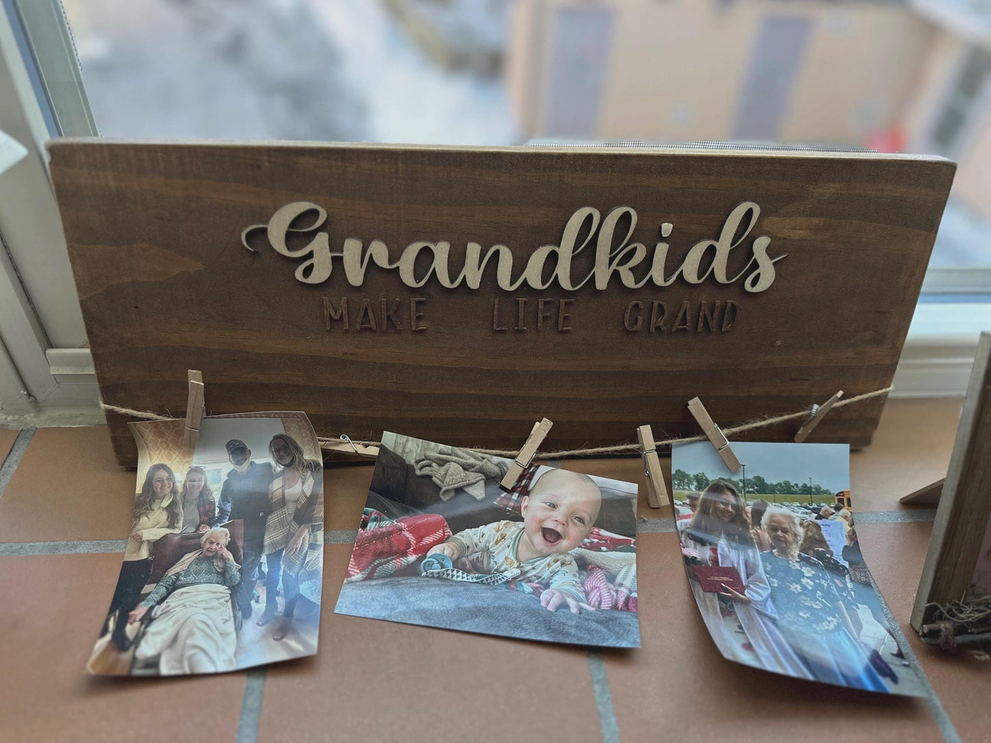 Personalized Wooden Photo Display: Grandkids Brag Board with Clips