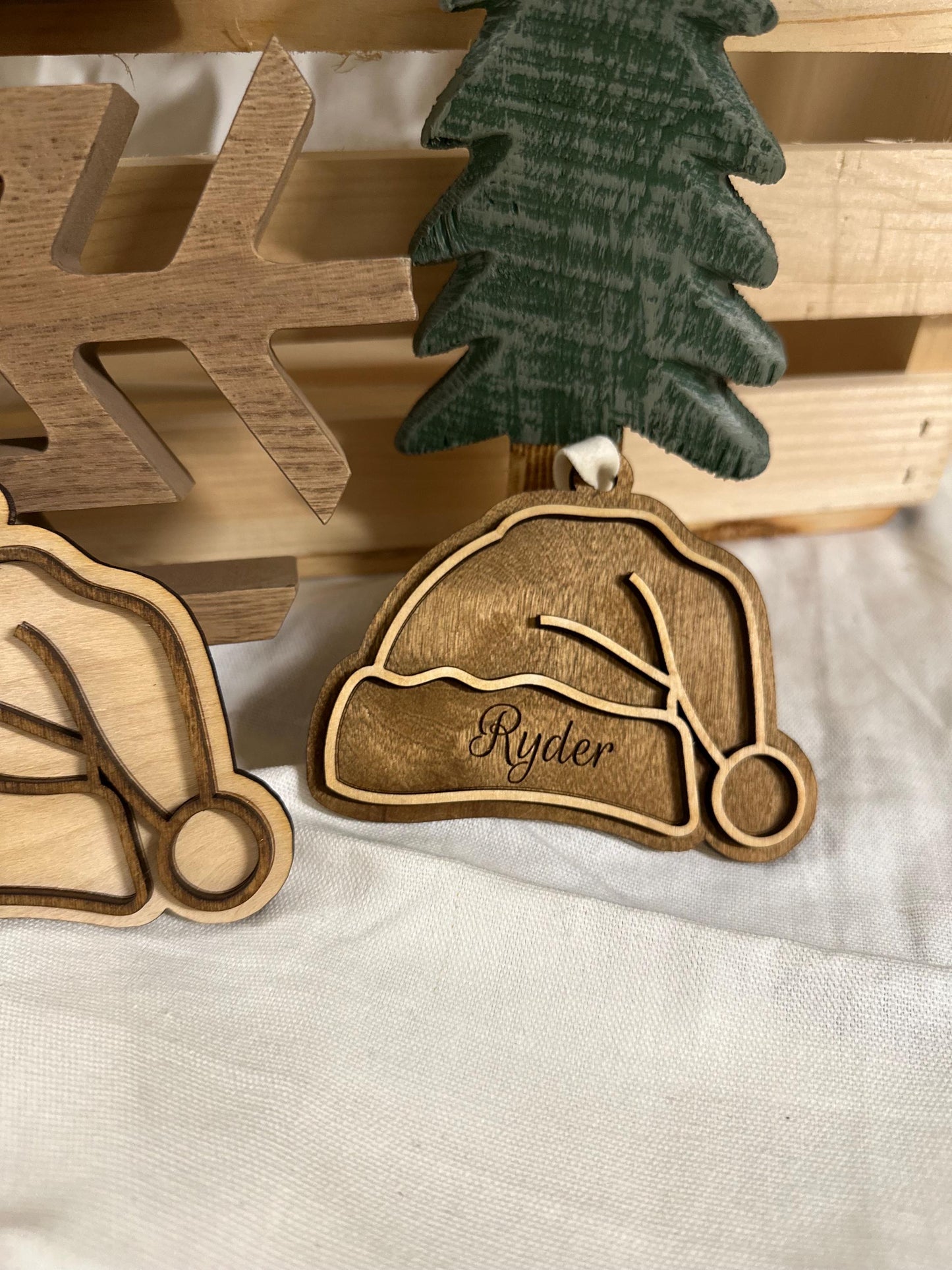 Personalized Wooden Santa Hat Ornament | Custom Engraved Name Tag