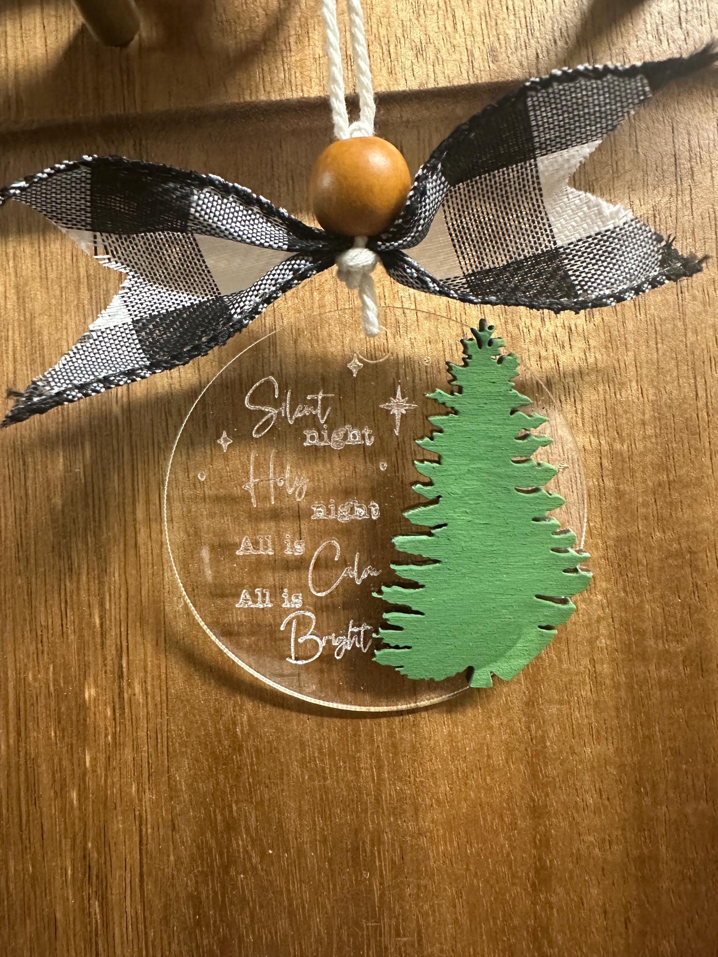 Silent Night Acrylic Christmas Ornament | Buffalo Plaid Bow, Wood Tree