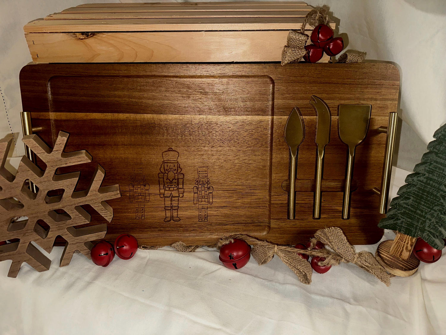Nutcracker Engraved Charcuterie Board with Gold Cheese Knives | Christmas Entertaining Gift Set | Laser Engraved Acacia Board | Holiday Host
