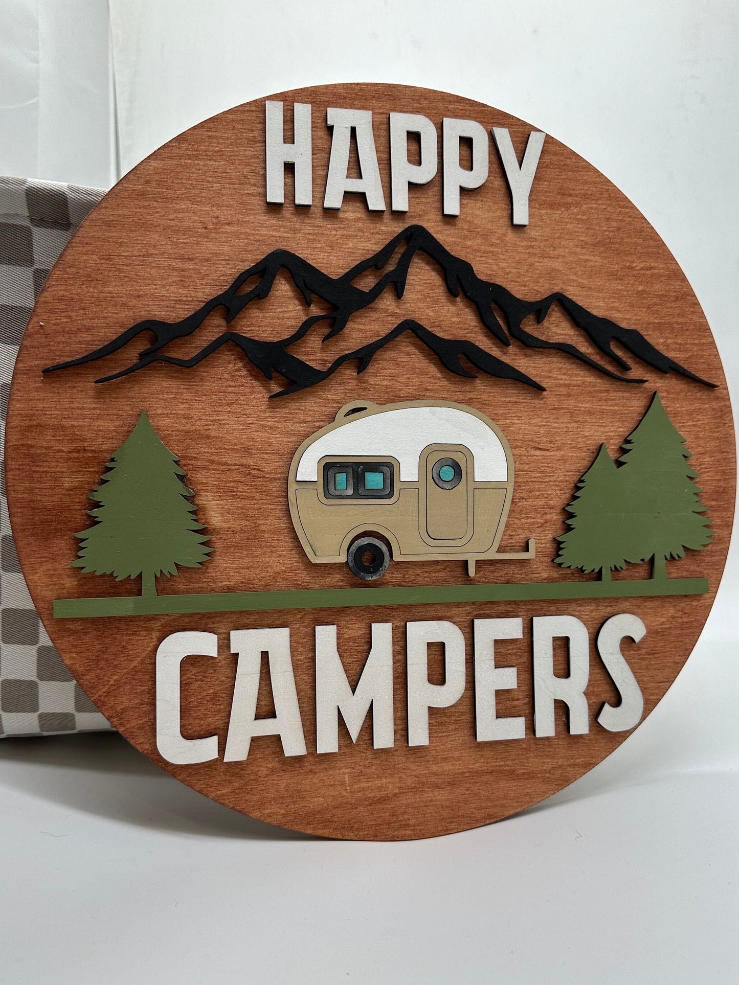 Happy Camper Sign: Baltic Birch Wood Door Hanger (12")