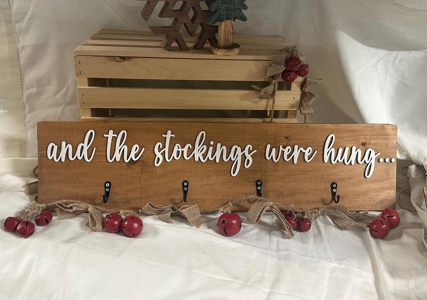 Rustic Christmas Stocking Holder | “And the stockings were hung” Wooden Sign | Farmhouse Holiday Mantel Decor | Laser Cut Hook Stocking Hold