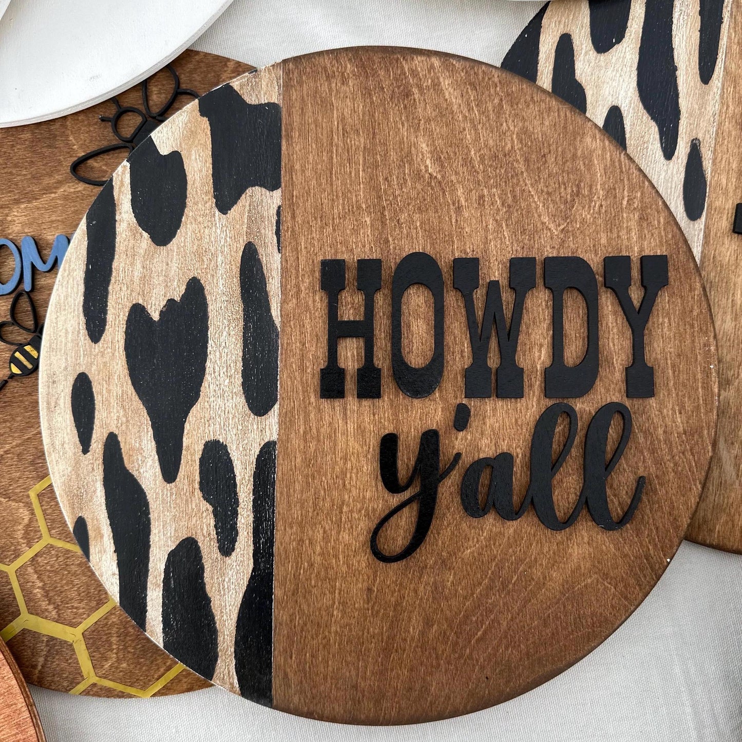 Howdy Y'all Door Hanger: Rustic Cow Print Wooden Sign