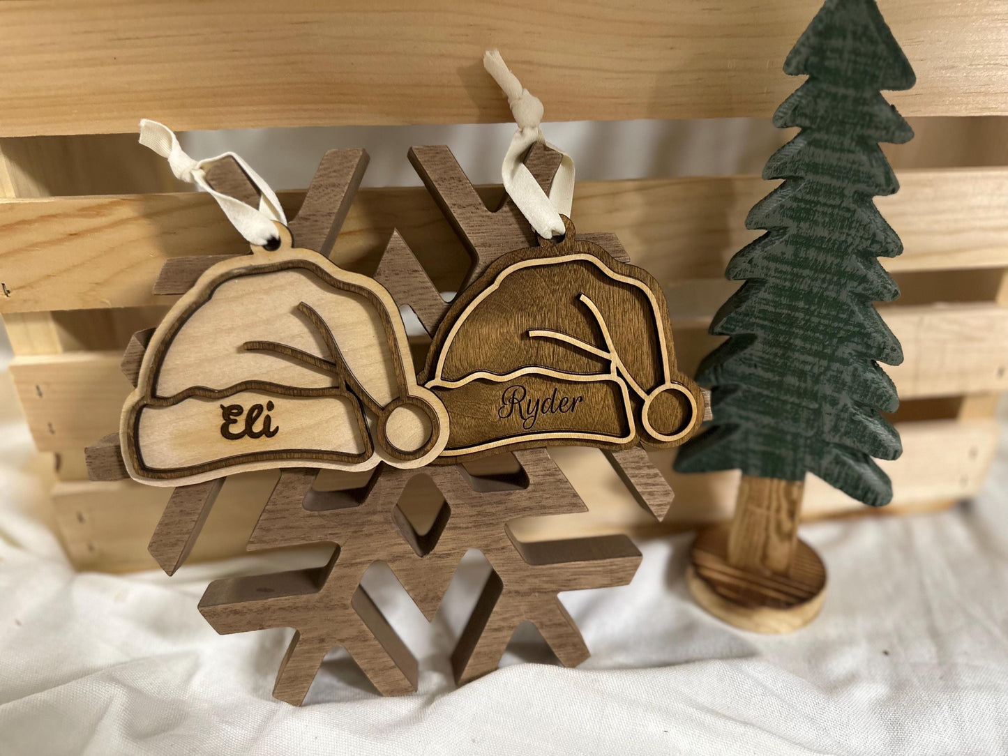 Personalized Wooden Santa Hat Ornament | Custom Engraved Name Tag
