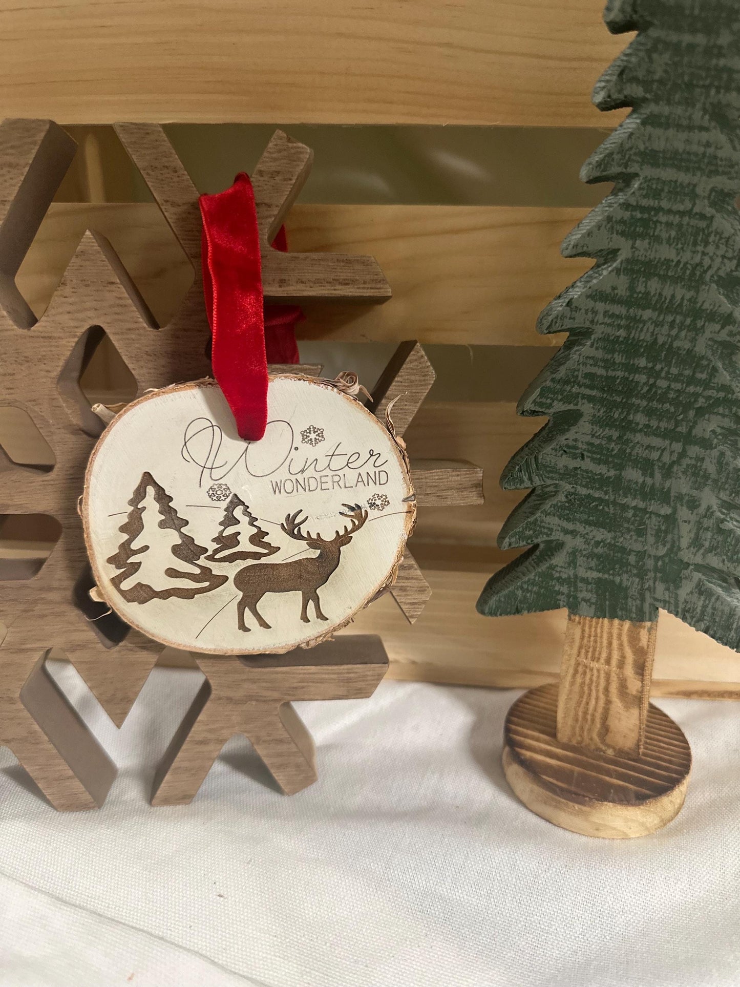 Rustic Wood Slice Ornament | Deer Trees Ornament | Cabin Christmas Decor | Winter Wonderland Woodlands