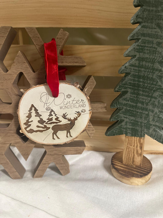Rustic Wood Slice Ornament | Deer Trees Ornament | Cabin Christmas Decor | Winter Wonderland Woodlands
