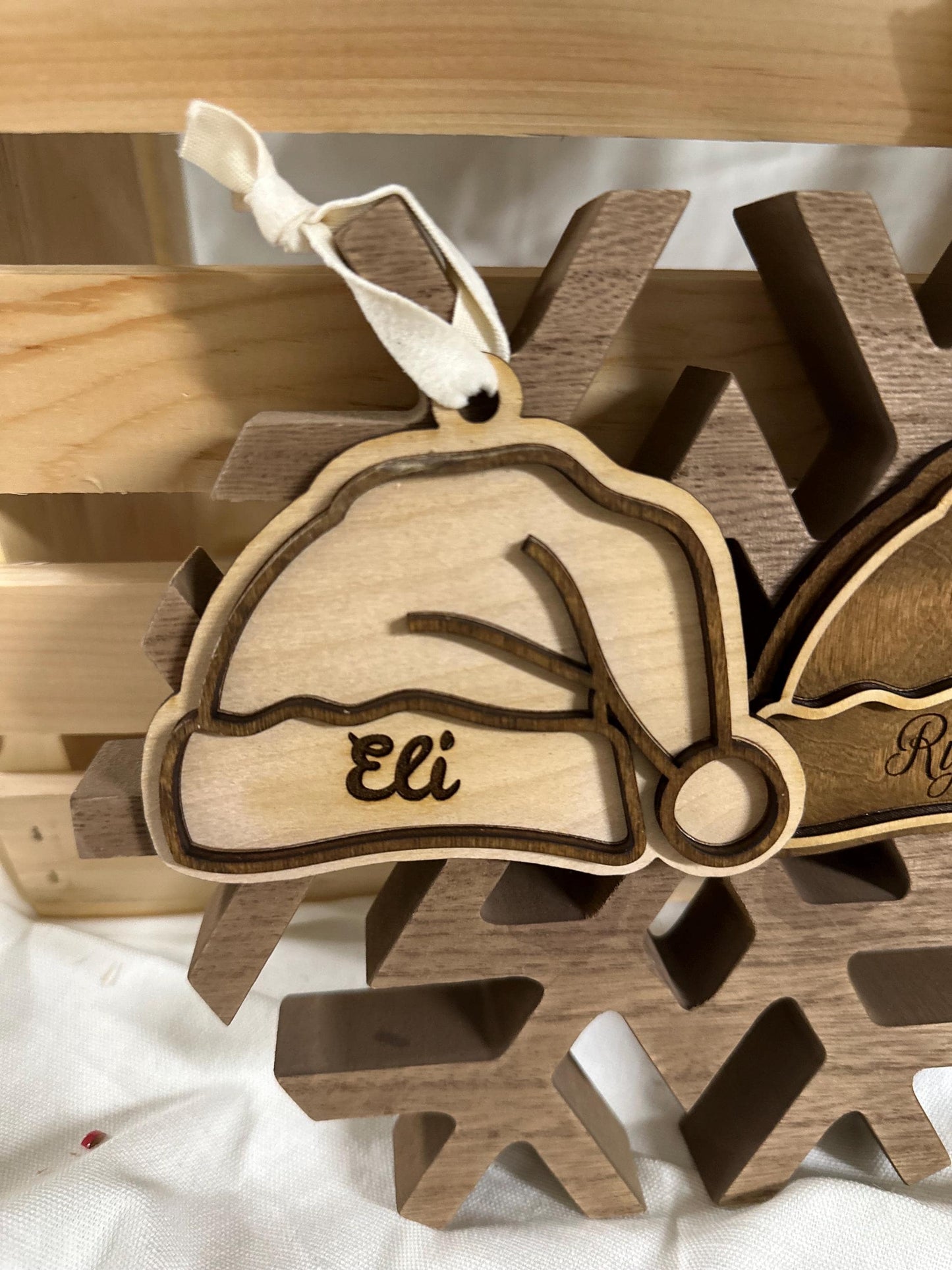 Personalized Wooden Santa Hat Ornament | Custom Engraved Name Tag